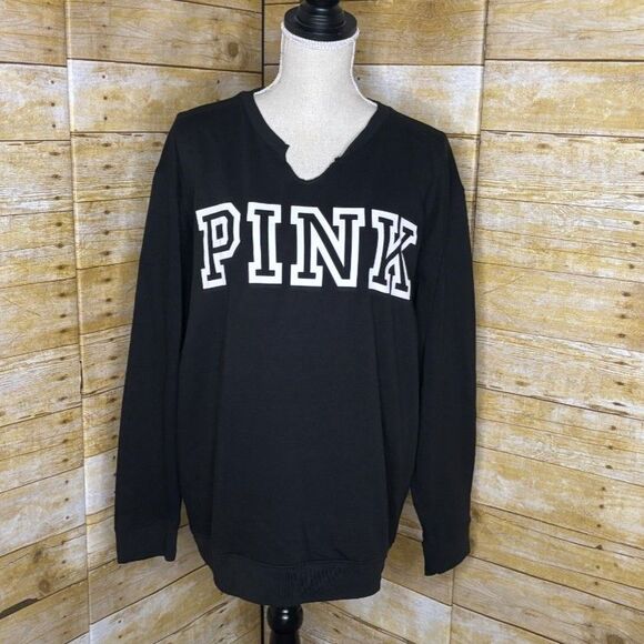 VICTORIA'S SECRET PINK BLACK & WHITE NOTCH NECK ATHLEISURE LOGO SWEATSHIRT - Picture 1 of 3